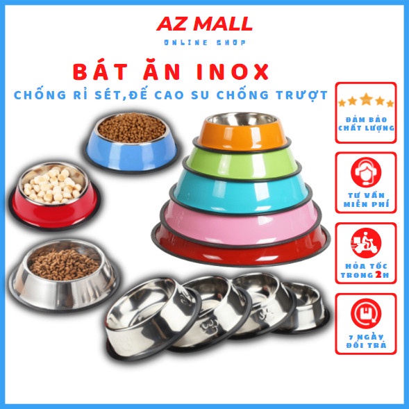 Bát ăn cho chó mèo Inox chống rỉ sơn màu, đế bọc cao su chống trượt