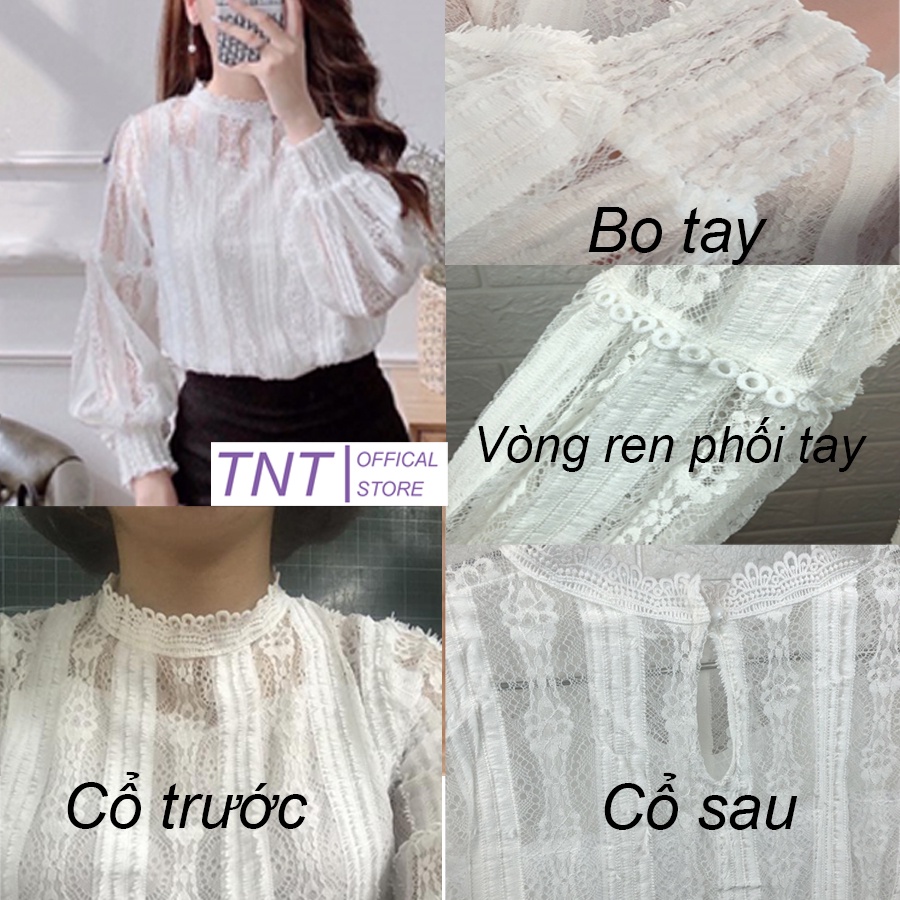 Áo sơ mi nữ ren dài tay đẹp hai lớp dáng suông cổ tròn màu trắng be đi làm đi chơi TNT