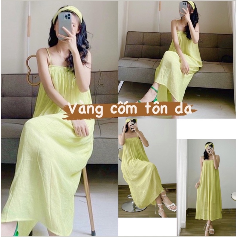 [Ảnh thật/Video]Váy maxi kèm turban chất đũi hai dây Đầm đũi mềm mịn hai lớp tiểu thư | BigBuy360 - bigbuy360.vn