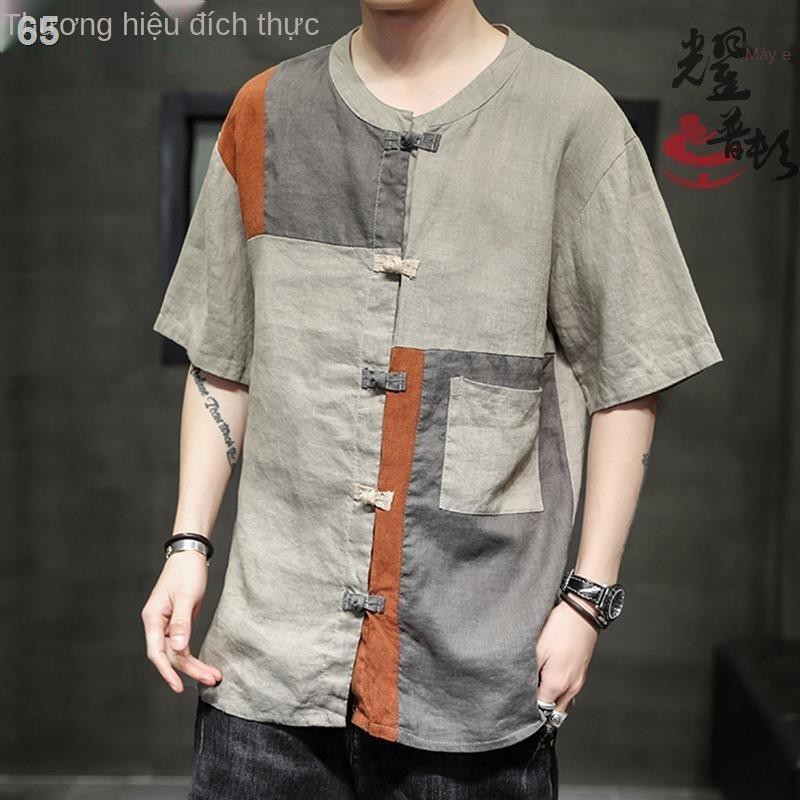 Áo sơ mi ngắn tay mùa hè Tang phù hợp với người ăn xin vá kiểu Trung Quốc của nam giới Han suit cổ tròn nút đĩa
