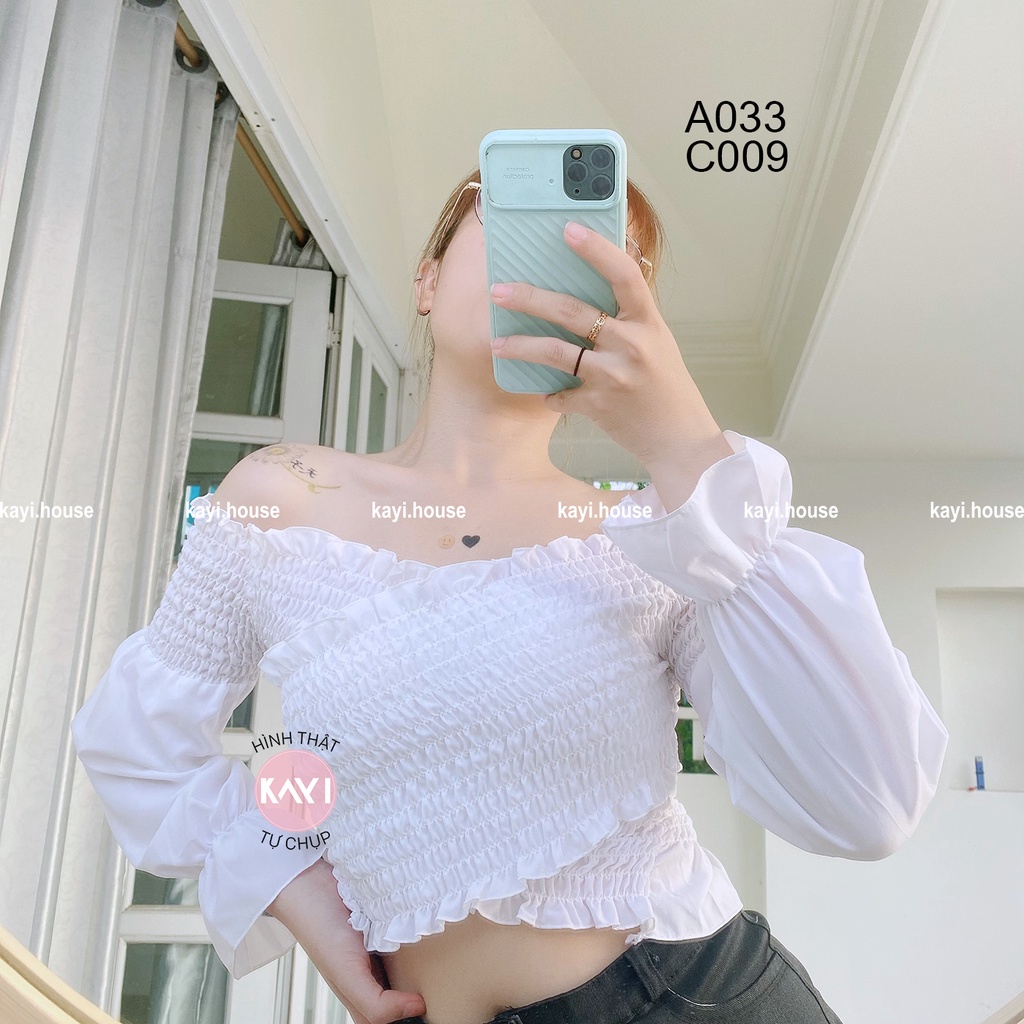 Áo Croptop Trễ Vai Đắp Chéo Nhún Thân Tay Dài 033