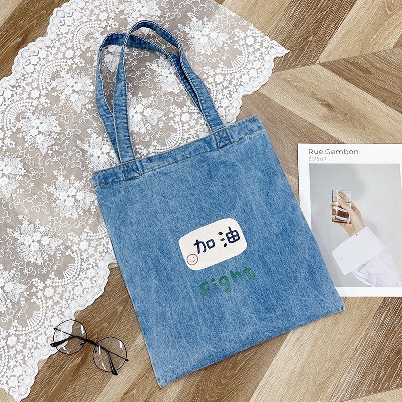 Túi Xách Denim In Chữ Thời Trang Nữ Tính