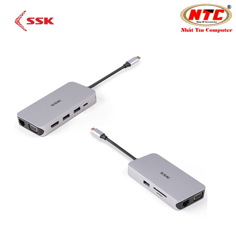 Bộ hub đa năng SSK SHU-C520 cổng TypeC ra USB 3.0/Thẻ nhớ/LAN - kèm chức năng xuất HDMI/VGA