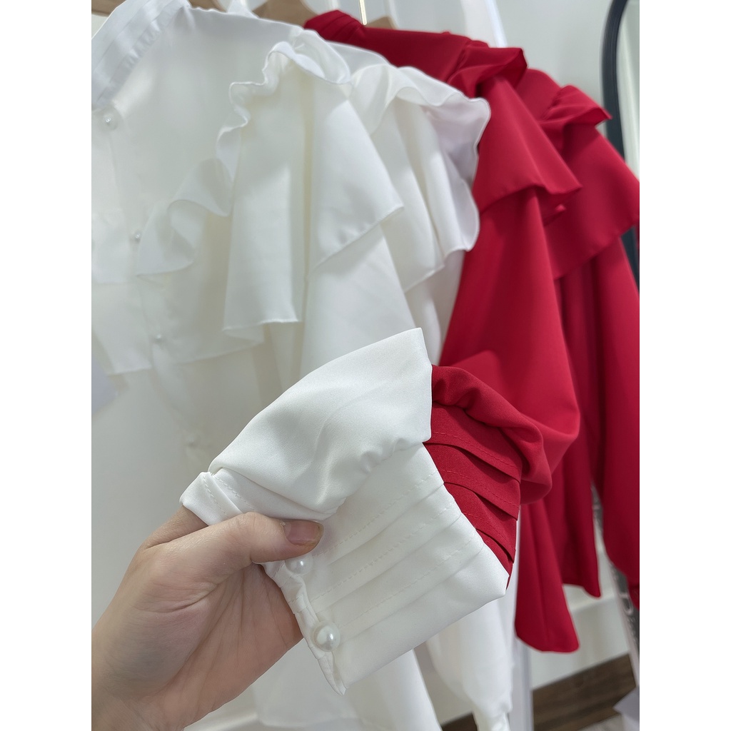 ÁO SƠ MI trắng CỔ sen phối bèo  tay bồng dáng thụng cá tính tiểu thư bánh bèo