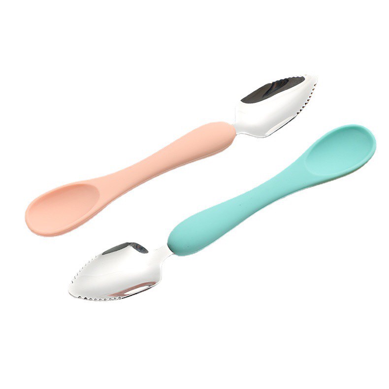 Thìa Nạo Hoa Quả 2 Đầu Tiện Lợi Kết Hợp Thìa Ăn Dặm Silicon Cho Bé (Tặng kèm hộp đựng)