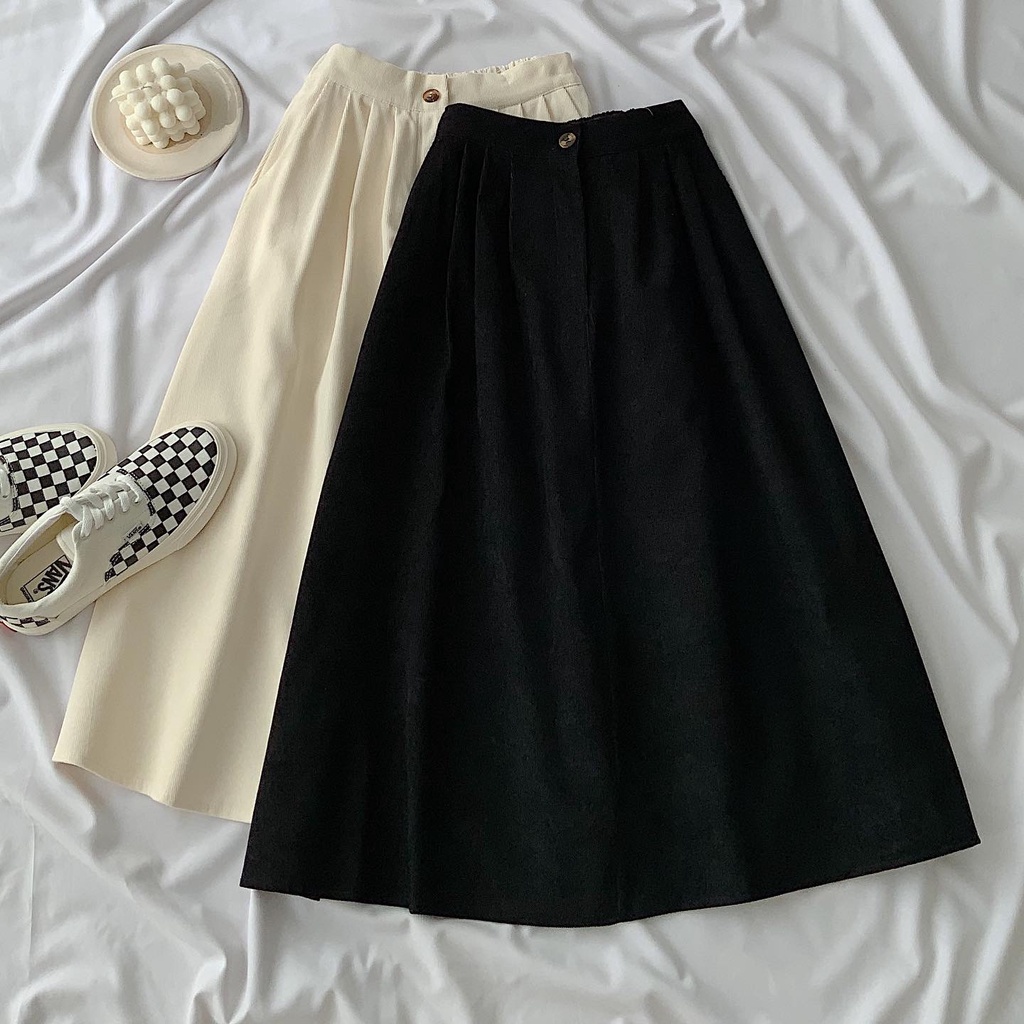 Chân Váy Xòe Dài Nữ Chân Váy Thời Trang Dài Qúa Gối 2 Màu Đen Và Be Chất Nhung Gân HOR - 3249 IAMC.Closet