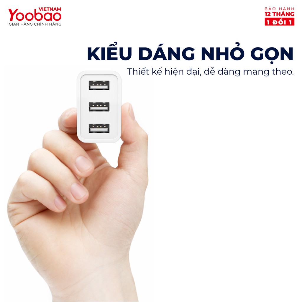 Củ sạc 3 cổng USB Yoobao Y-723 Sạc nhanh dòng 3.4A Chân dẹt kiểu EU - Hãng chính thức - Bảo hành 12 tháng 1 đổi 1