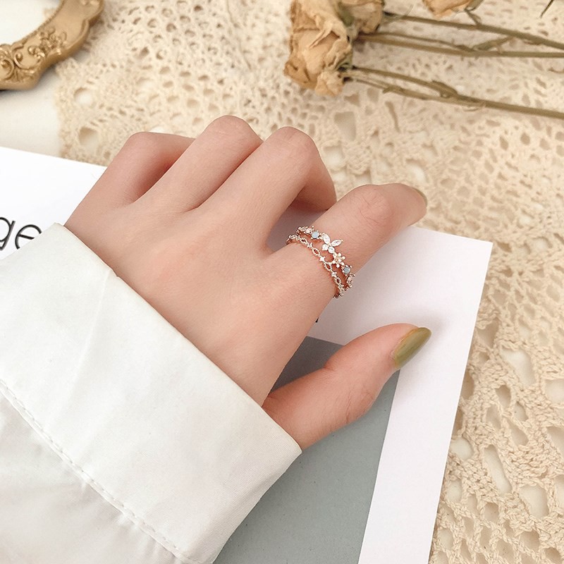 Nhẫn Mạ Bạc B685 Họa Tiết Hoa Và Bướm Đính Đá Phong Cách Hàn Quốc