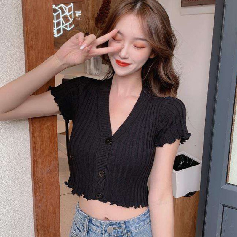 Áo Croptop Dệt Kim Dáng Ôm Cổ Chữ V Xẻ Tà Quyến Rũ Cho Nữ