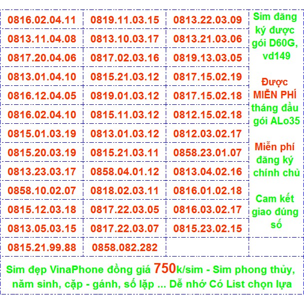 Sim Vina số đẹp 750k Miễn phí ĐK chính chủ Miễn phí gói ALO35 tháng đầu, ĐK được gói VD149-D60G...(xem ở chi tết)