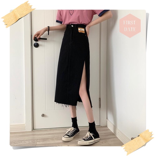 Chân váy bò dài  FIRST DATE chân váy jean dáng dài nữ mùa hè denim xẻ tà thiết kế túi eo cao