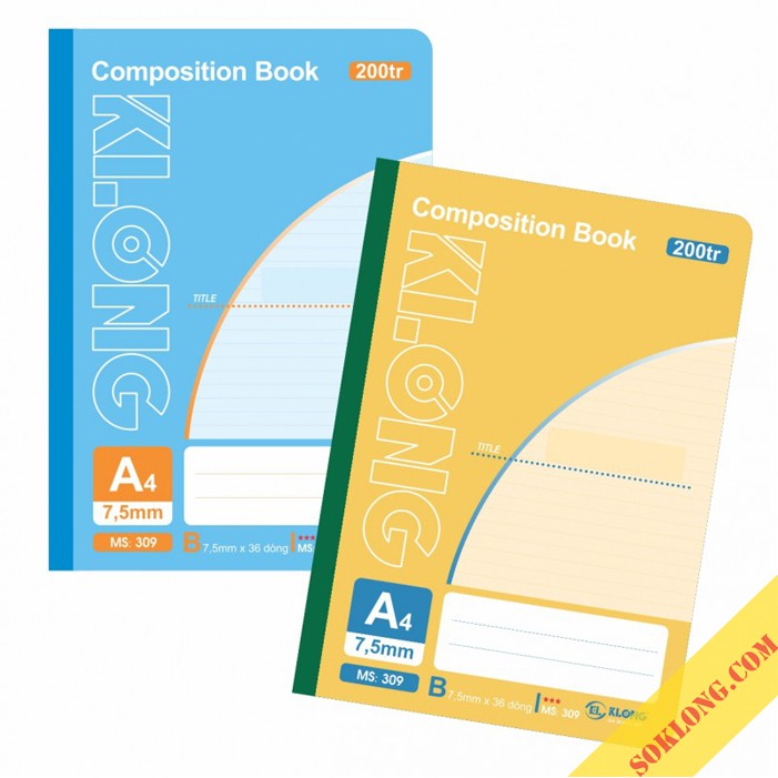 Vở A4 200 trang kẻ ngang may dán gáy Compostion Book KLong, cuốn tấp sổ Klong MS 309