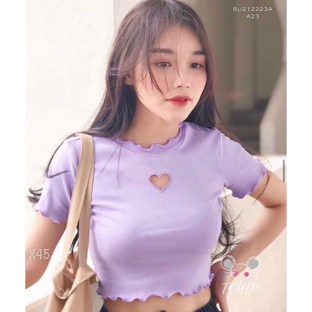 Áo kiểu croptop cuốn biên nhẹ khoét tim ngực cực xinh , chất thun thái mềm mịn