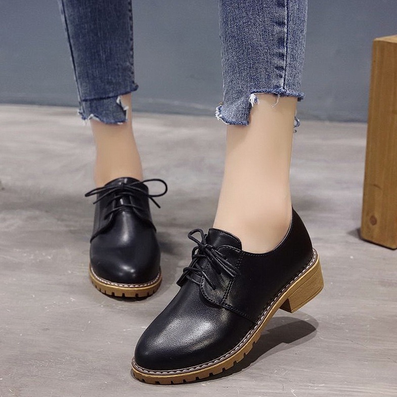 Giày tây mũi tròn thắt dây phong cách Retro cho nữ