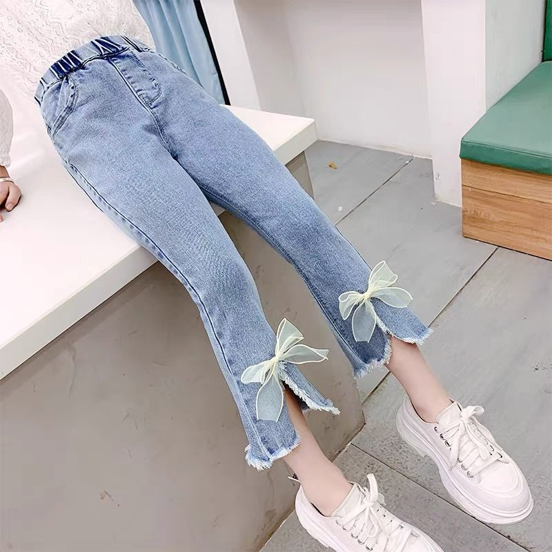 Quần Jean Ống Loe Thêu Họa Tiết Hoa Mận Màu Xanh Dương Thời Trang Xuân Thu Mới Cho Bé Gái 3-16 Tuổi