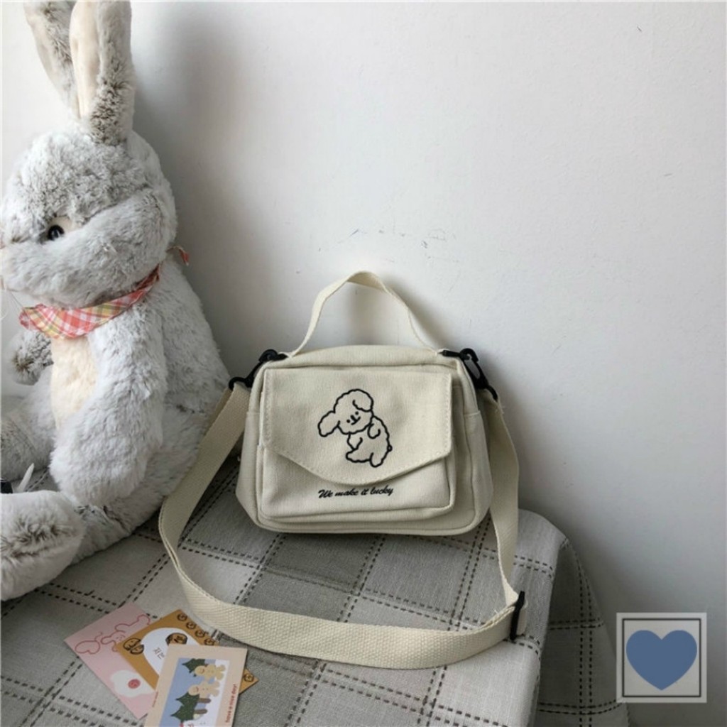 Túi canvas đeo chéo thêu hình chú cún thêu ngộ nghĩnh đáng yêu phong cách Harajuku Nhật Bản thời trang UNIBAG