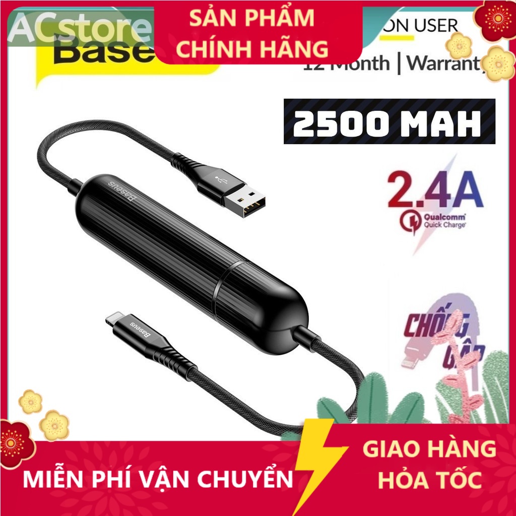 Cáp sạc tích hợp pin dự phòng Baseus 2in1 sạc dự phòng dung lượng 2500 mAh + USB/ cáp 2.4A đen -ACSTORE