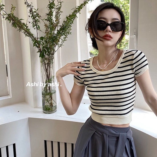 【ZHELIHANGFEI】Áo Thun Tay Ngắn Họa Tiết Kẻ Sọc Màu Sắc Tương Phản Dễ Phối Đồ