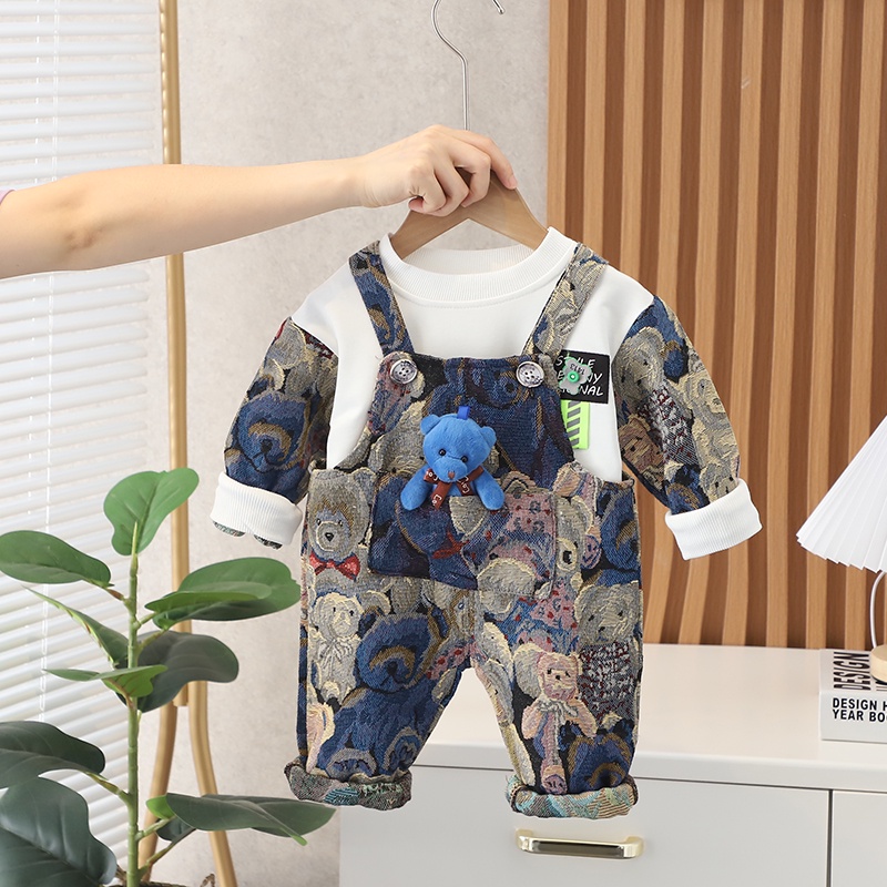 Bộ Trang Phục 2 Mảnh Gồm Áo Tay Dài Và Quần Yếm In Họa Tiết Hoạt Hình Dễ Thương Thời Trang Xuân Thu Cho Bé Trai 0-5 Tuổi