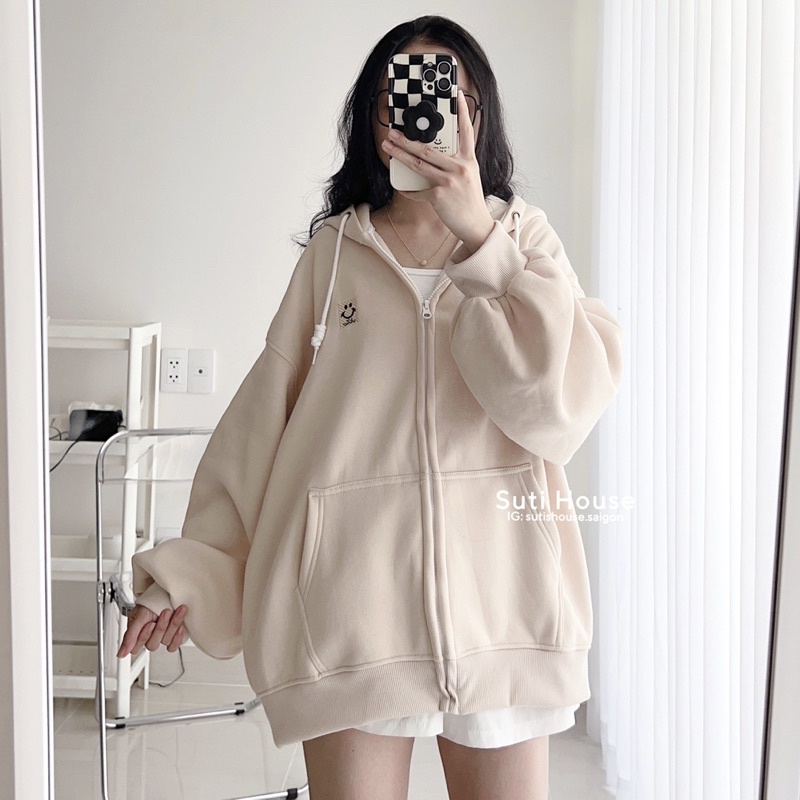 Áo Hoodie Zip icon Màu Tan Be Unisex Tay Bồng Form Rộng - Suti House