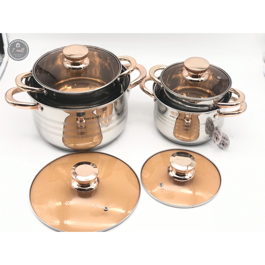 Bộ nồi CHEF&CHEF 6 món 12 chi tiết nắp vung kính, công nghệ Đức, đáy Inox 5 lớp cao cấp, sang trọng- Bảo hành 12 tháng