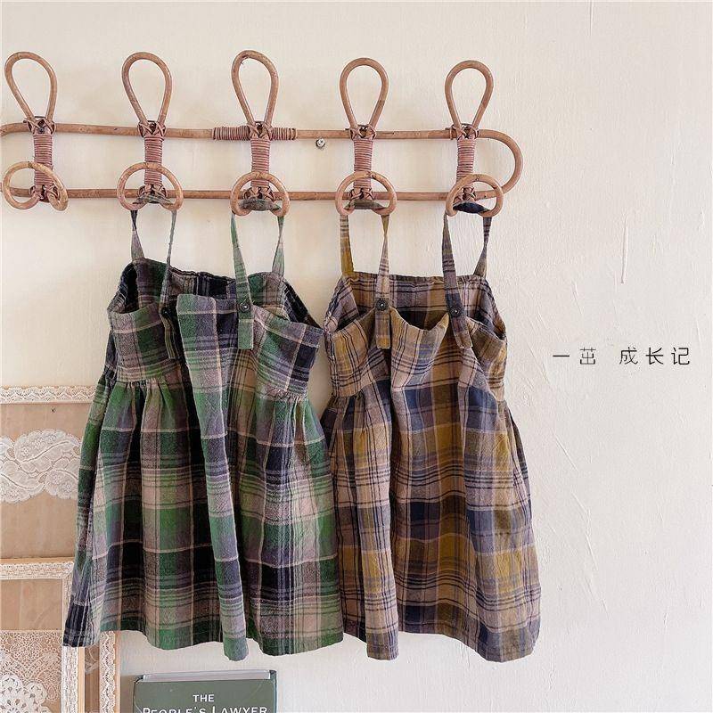 Áo đầm hai dây vải cotton và lanh họa tiết kẻ ô cổ điển phong cách Hàn Quốc dành cho bé gái