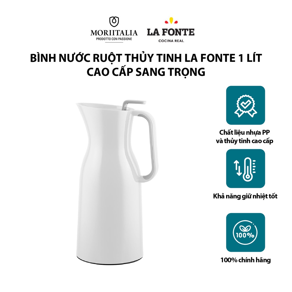 Bình nước ruột thủy tinh La Fonte màu trắng 1000ml cao cấp sang trọng Moriitalia 006767W