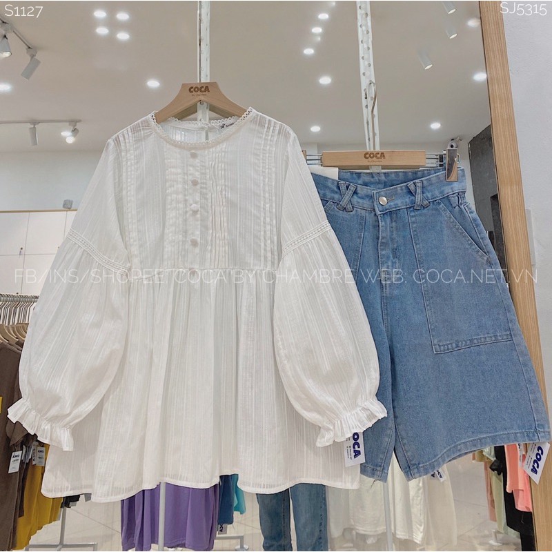 [S1127]⛈ Áo sơ mi trắng BABYDOLL cúc bọc pha ren (Có sẵn/ảnh thật)