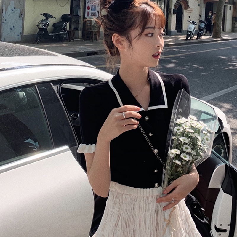 Áo croptop SUXI dệt kim tay ngắn cổ chữ v thiết kế đơn giản thời trang mùa hè cho nữ