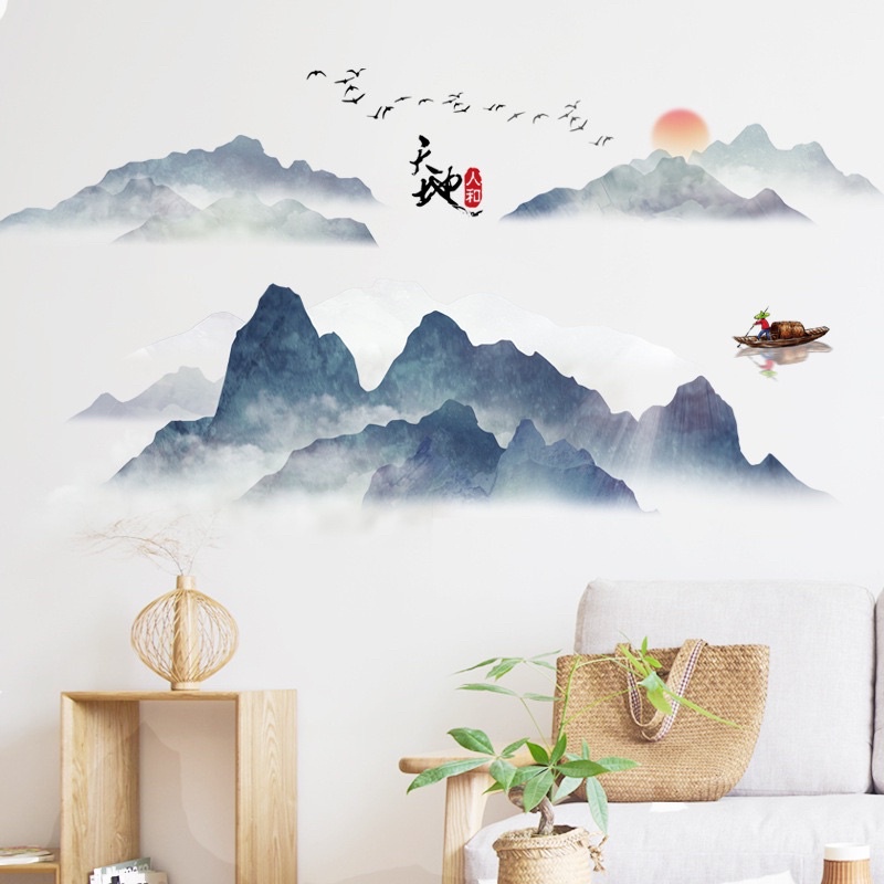 Decal dán tường phòng khách Núi xanh