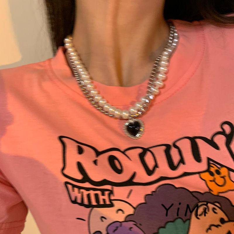 Thời trang Hàn Quốc Vòng cổ ngọc trai tim đen hai lớp Hip Hop