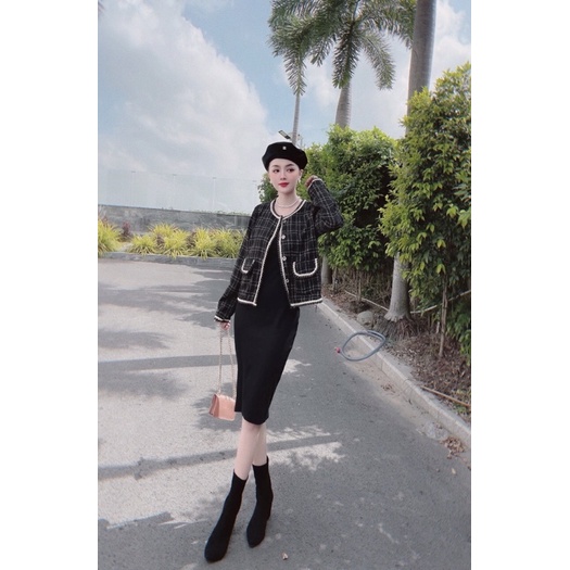 Set đầm đen dài kèm áo khoác dạ siêu xinh cho bạn gái,váy nữ midi ôm kèm khoác kiểu vest