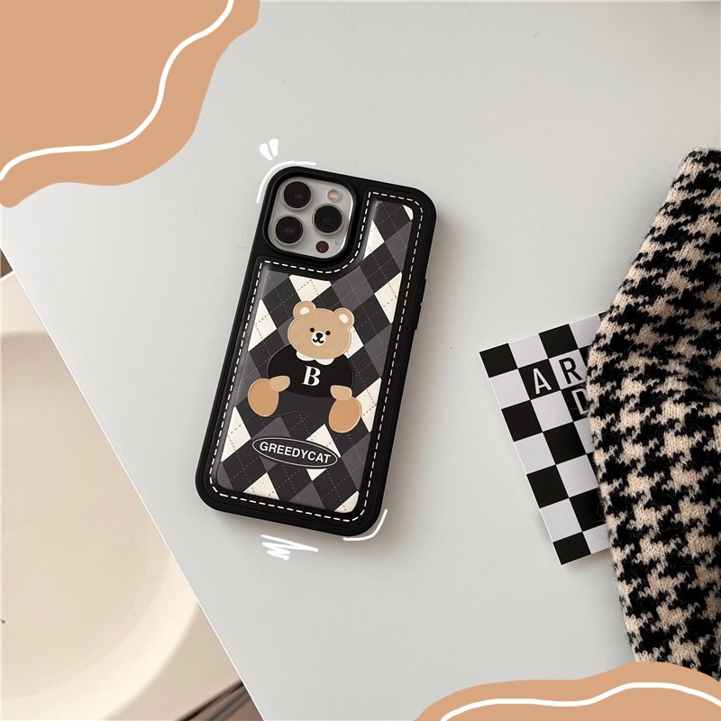 Ốp lưng iphone cạnh vuông chất da Gấu Greedycat 13/13Pro/13PromaxX/Xs/Xsm/7plus/8plus/11/12/11ProMax - Ina Case