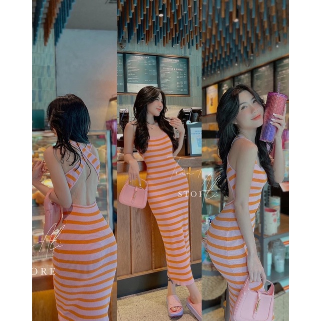 VÁY LEN MAXI HỞ LƯNG KẺ HỒNG