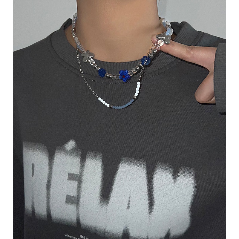 Vòng cổ Hai Lớp Đính Hạt Hình Hoa Xanh Dương