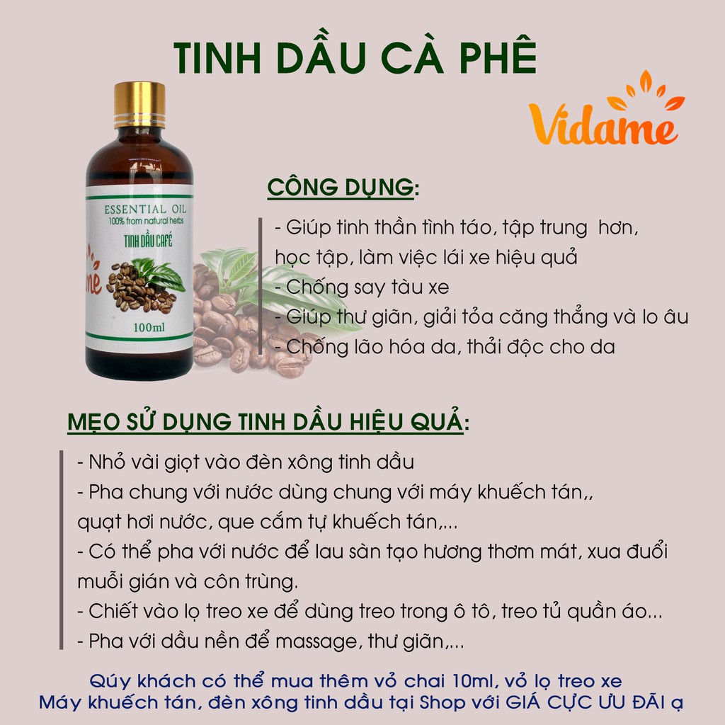 [ COMBO 2 LỌ ] 100ML Tinh dầu Quế - Cafe VIDAME - tăng sự tập trung, làm việc hiệu quả