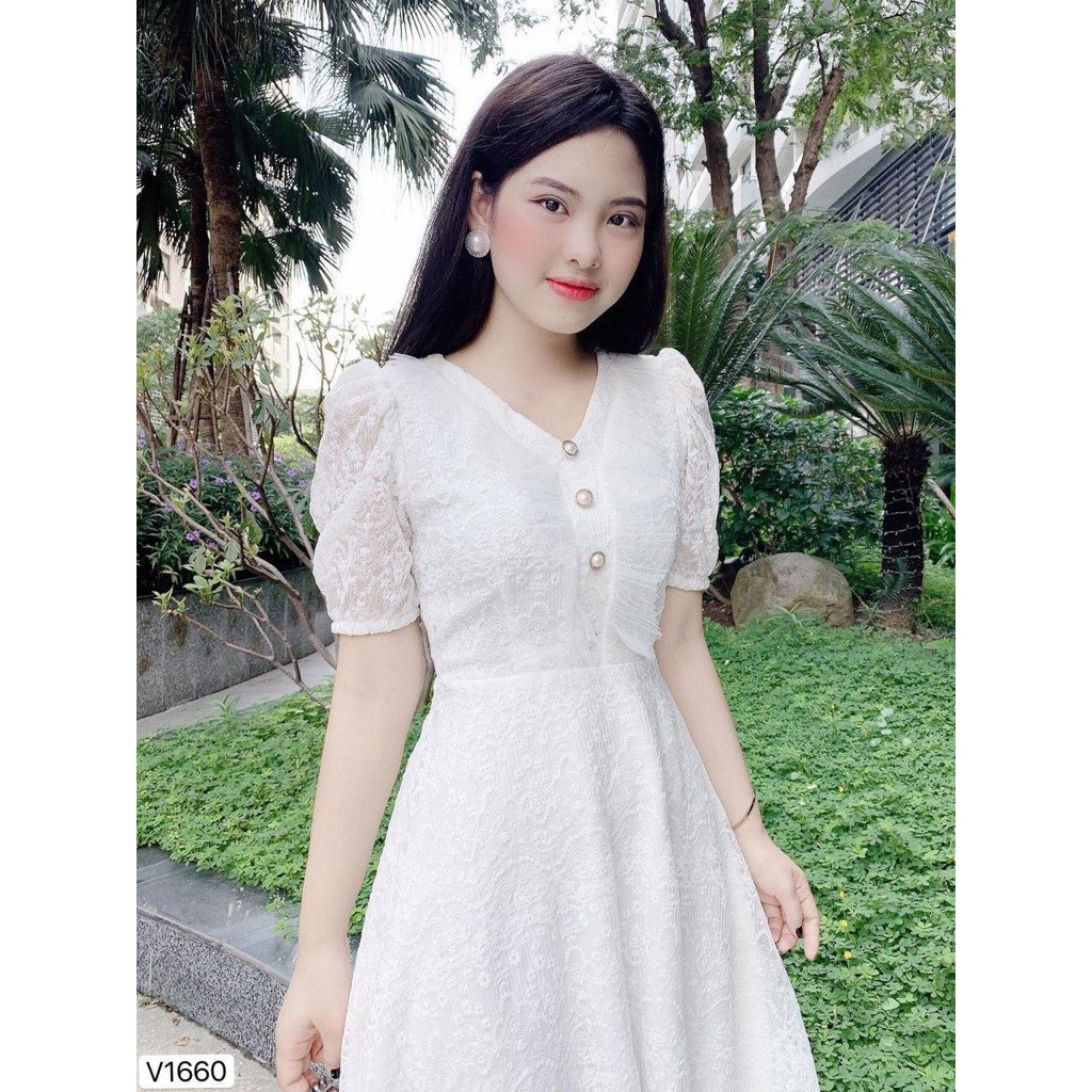 Đầm trắng ren hoa chìm tay bồng công chúa V1660 - Váy đầm công sở Tadi