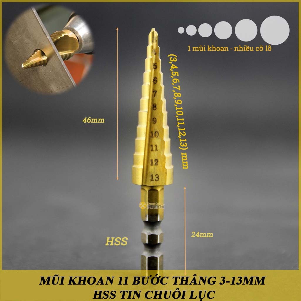 Mũi khoan 11 bước thẳng 3-13mm HSS Tin chuôi lục