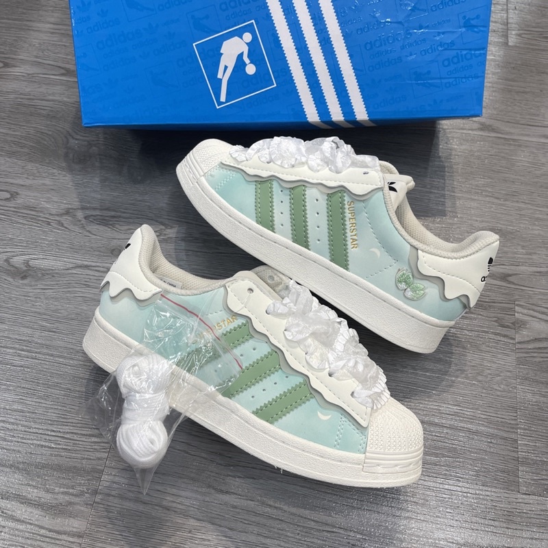 Giày thể thao Adidas superstar Hồng + xanh kem ✔️TẶNG TẤT✔️ giầy das sò 3 sọc màu xanh, hồng cho nữ siêu xinh Full Box