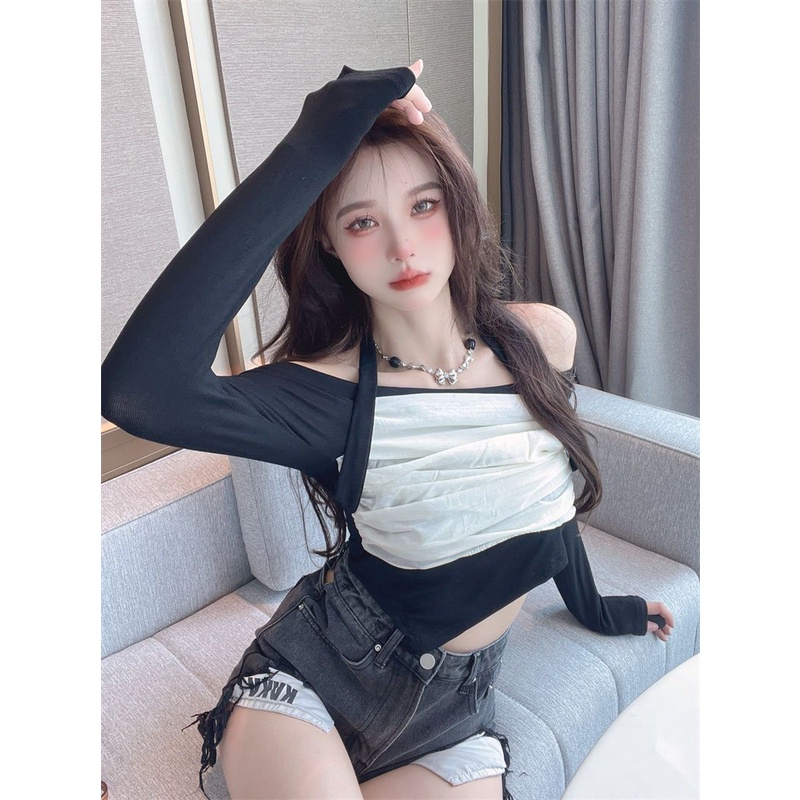 Jiashucheng Áo Thun Trễ Vai Phối Lưới Thiết Kế Độc Đáo