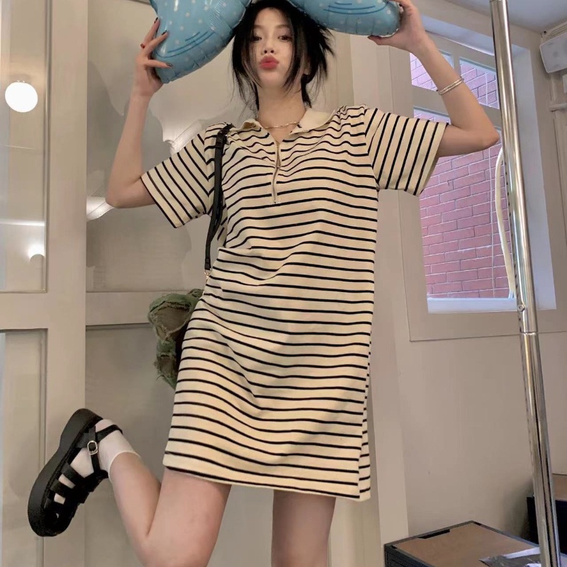 COZOK Đầm Ngắn Tay Dáng Rộng Cổ Bẻ Kẻ Sọc Xinh Xắn Thời Trang Cho Nữ