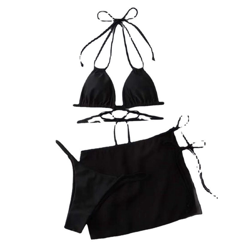 [BKN1511] &lt;ÂU&gt; SET BIKINI 3 MÓN ĐEN ĐAN DÂY EO KÈM CHÂN VÁY NGẮN XẺ TÀ