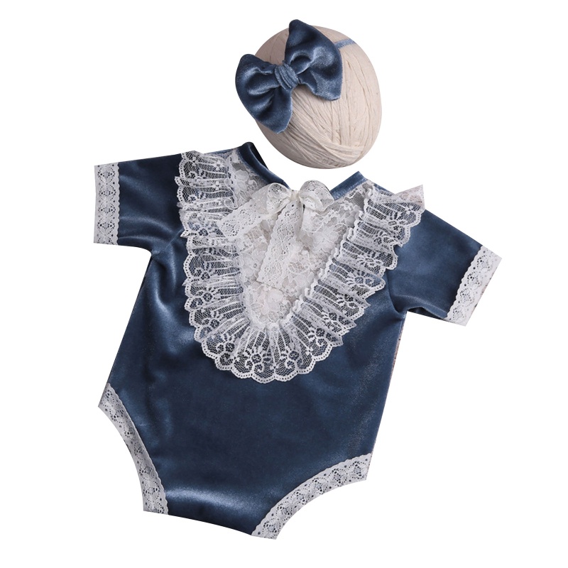 Bộ Áo Liền Quần Phối Ren + Dây Buộc Tóc / Ảnh Cho Bé Sơ Sinh