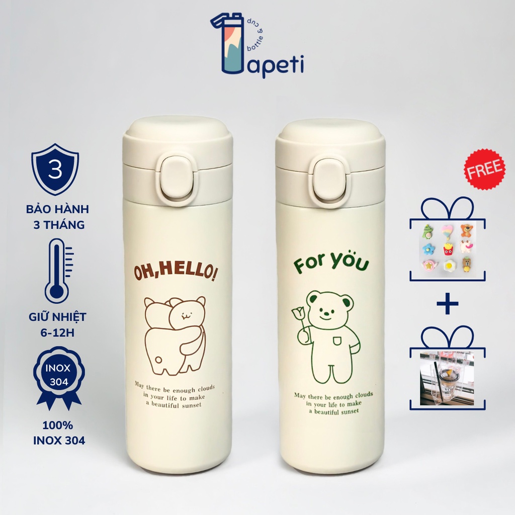 [TẶNG STICKER] Bình nước giữ nhiệt 450ml kèm túi xách tay cầm tay in hình chú gấu Ohaya dễ thương