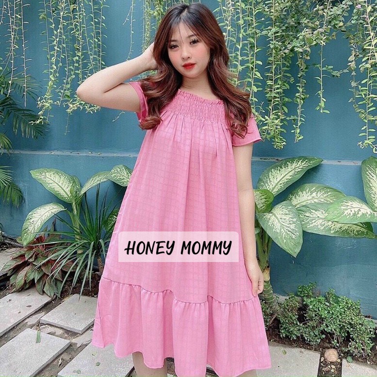 Váy Bầu Hè Công Sở Cổ Vuông Vải Đũi Mát HD2623 Honey Mommy Đầm Bầu Trễ Vai Đuôi Cá