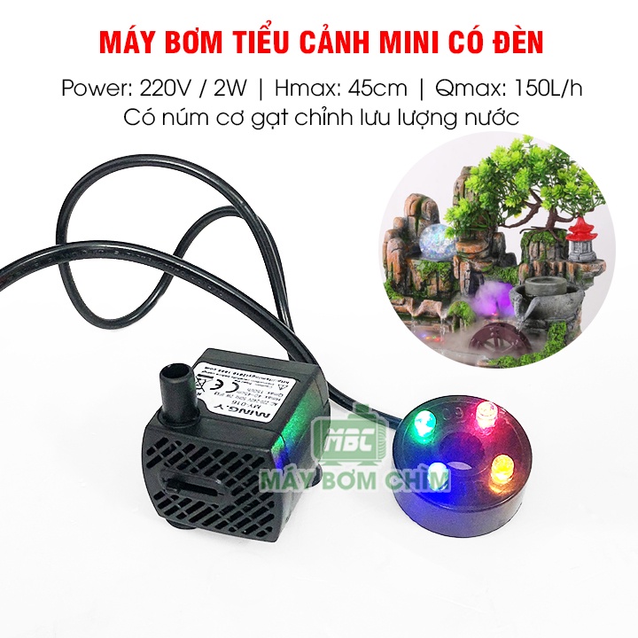 Máy bơm mini có đèn 2w, 5w | bơm thác nước phong thủy