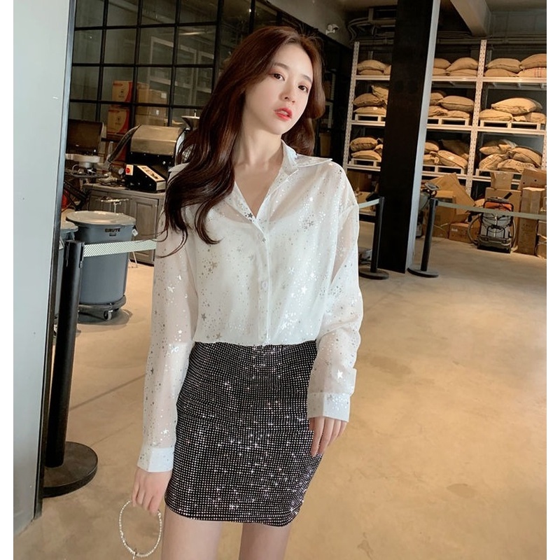 Áo Sơ Mi Chiffon Tay Dài Màu Đen Đính Kim Sa Lấp Lánh Thời Trang Mùa Hè 2022 Phong Cách Hàn Quốc 2022