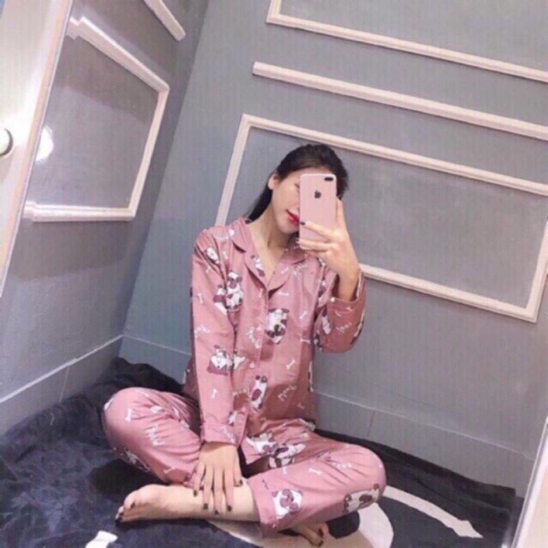 Bộ pizama nữ dài tay chất lụa kate thái mềm cao cấp, Bộ đồ ngủ mùa đông họa tiết sang trọng