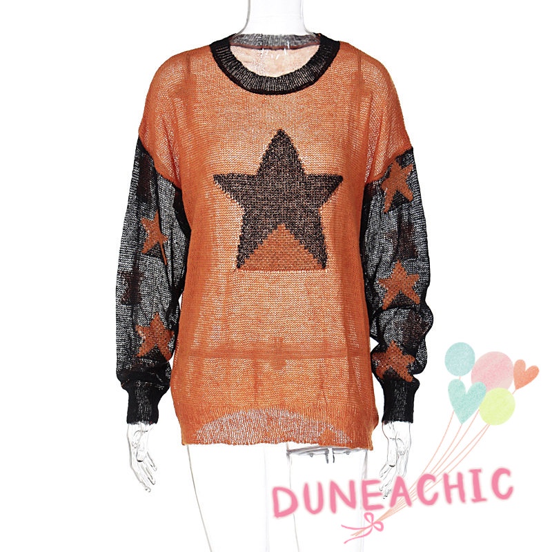 DUNEA Áo Sweater Dệt Kim Mỏng Dáng Rộng Họa Tiết Ngôi Sao Màu Sắc Xinh Xắn Cho Nữ