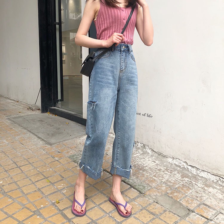 Quần jeans nữ ống rộng suông cạp cao Emilyshop phong cách ulzzang